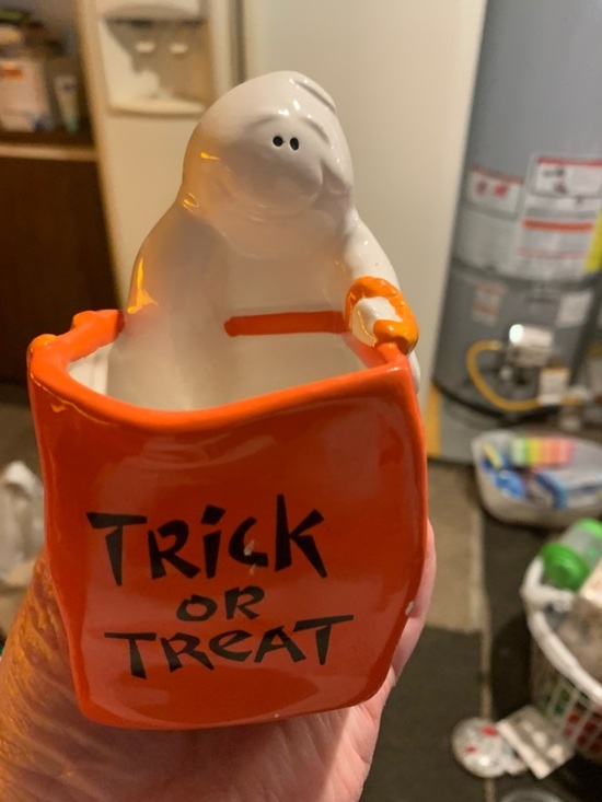 None Other - Halloween Ghost Trick or Treat Ceramic Candy Holder - Orange & White